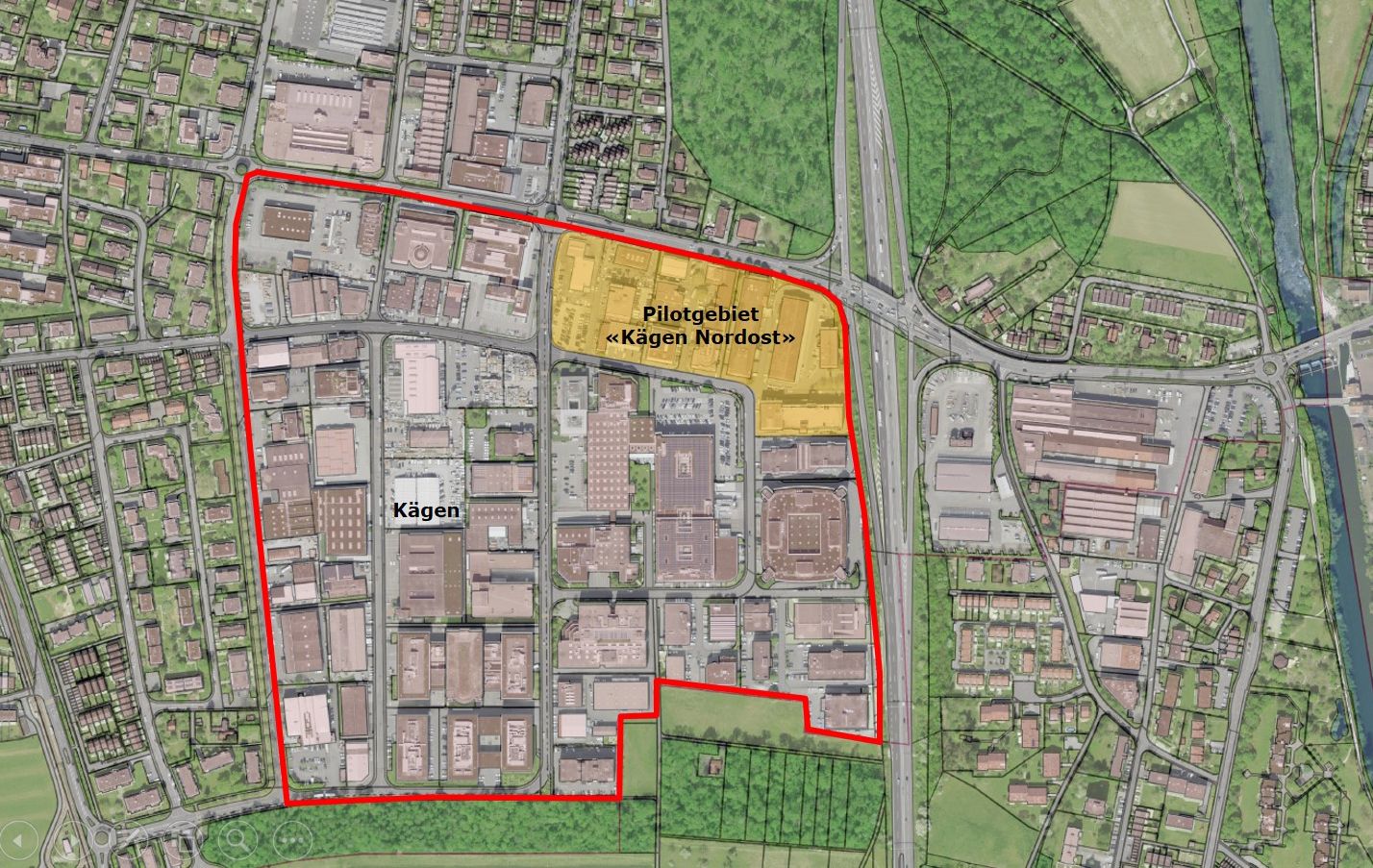Situationsplan Kägen mit dem Pilotgebiet Kägen Nordost.